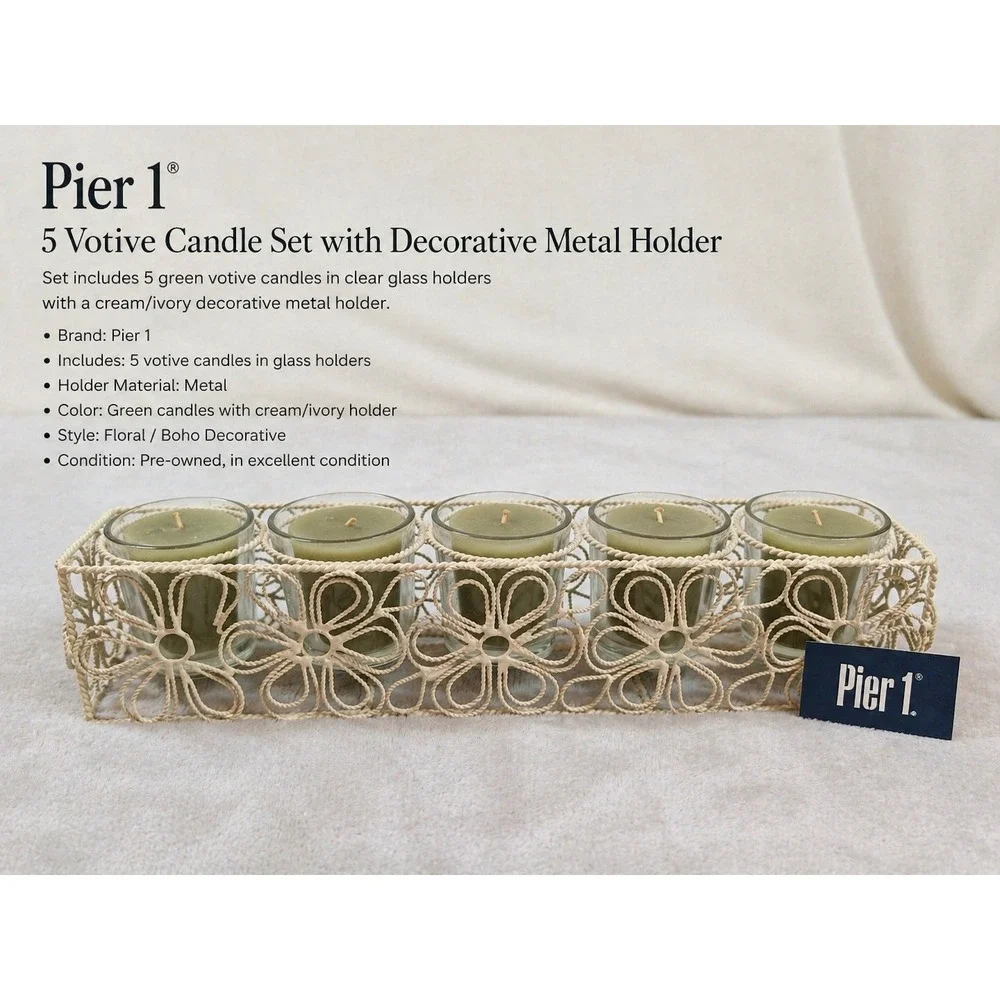 Pier 1 Imports 5 Votive Candle Set Floral Metal Holder Cream Green‎ Boho Decor
